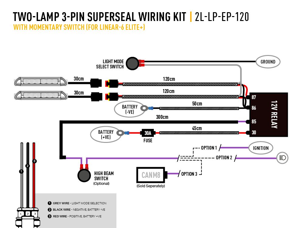 LAZER LAMPS Two-Lamp Wiring Kit with Momentary Switch (3-Pin, Superseal, 12V)