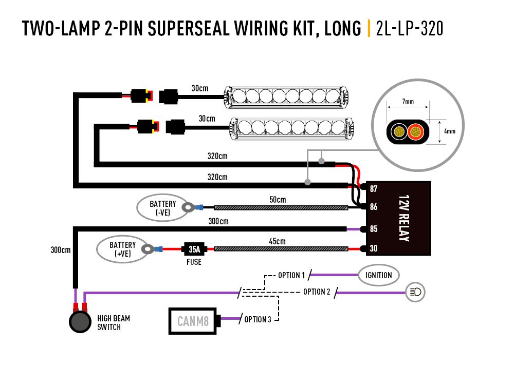 LAZER LAMPS Two-Lamp Wiring Kit - Long (2-Pin, Superseal, 12V)