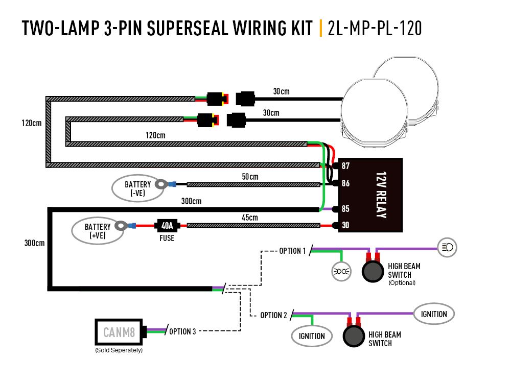 LAZER LAMPS Two-Lamp Wiring Kit - Mid Power (3-Pin, Superseal, 12V)